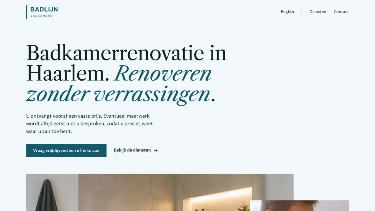 Voorbeeldwebsite voor Badlijn Badkamers met de kop Badkamerrenovatie in Haarlem