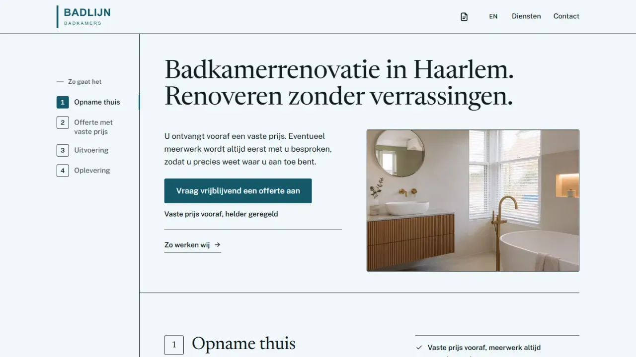 Voorbeeldwebsite voor Badlijn Badkamers met een stappenlijst naast de kop Badkamerrenovatie in Haarlem