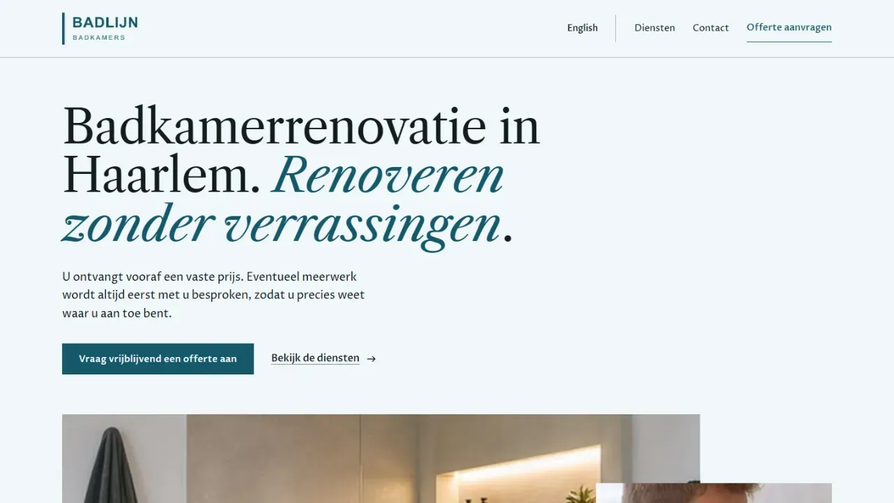 Voorbeeldwebsite voor Badlijn Badkamers met de kop Badkamerrenovatie in Haarlem