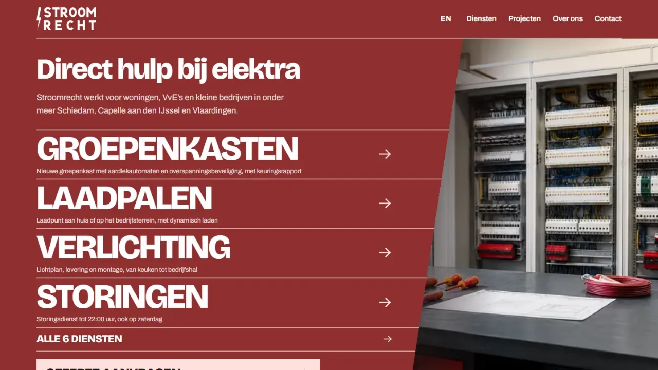 Voorbeeldwebsite voor Stroomrecht Elektrotechniek met een grote dienstenlijst over de werkplaats