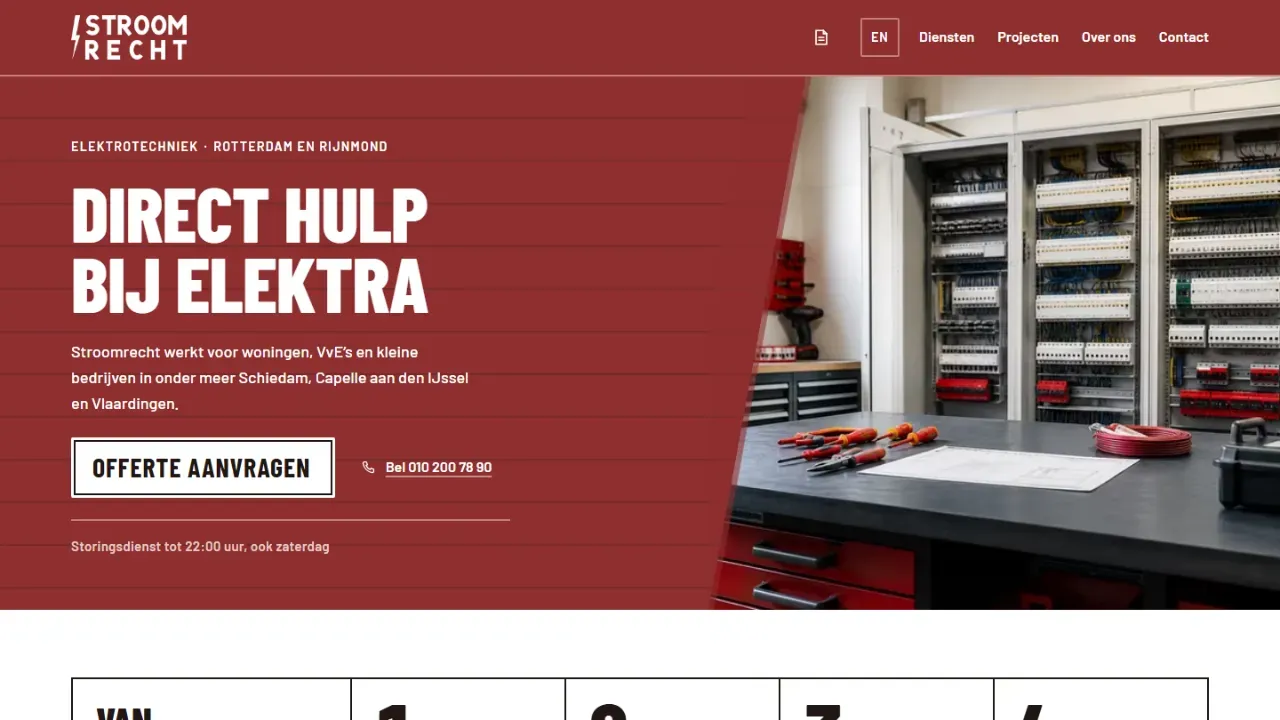 Voorbeeldwebsite voor Stroomrecht Elektrotechniek met de werkplaats en verdeelkasten