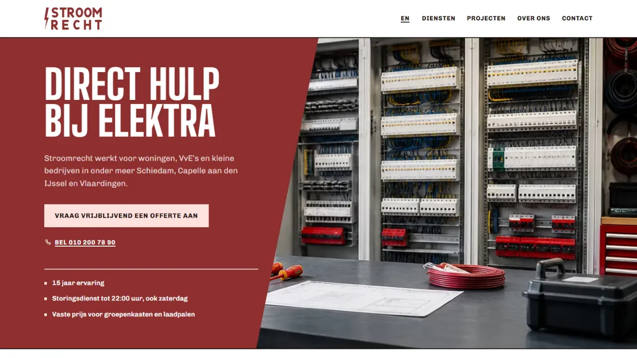 Voorbeeldwebsite voor Stroomrecht Elektrotechniek met de kop Direct hulp bij elektra naast verdeelkasten
