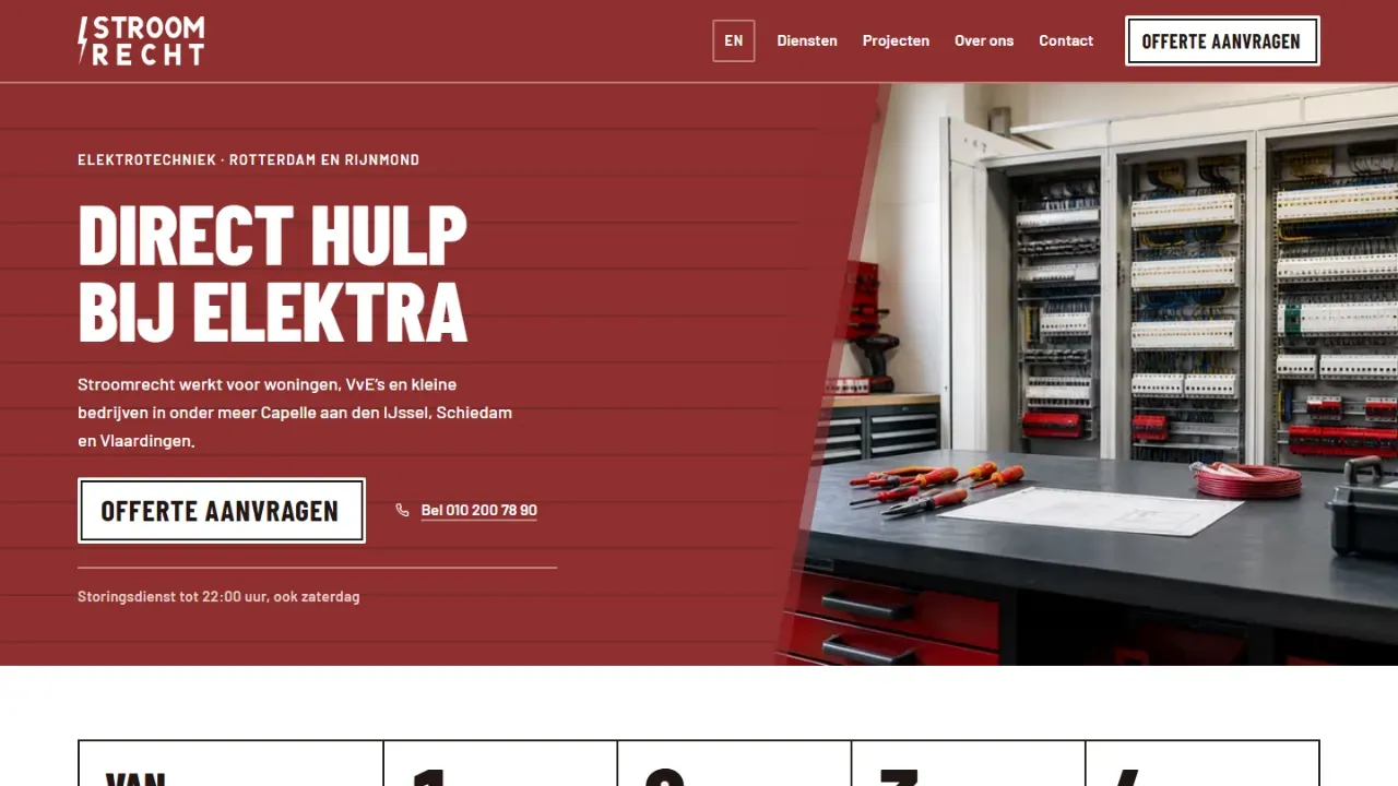 Voorbeeldwebsite voor Stroomrecht Elektrotechniek met de werkplaats en verdeelkasten
