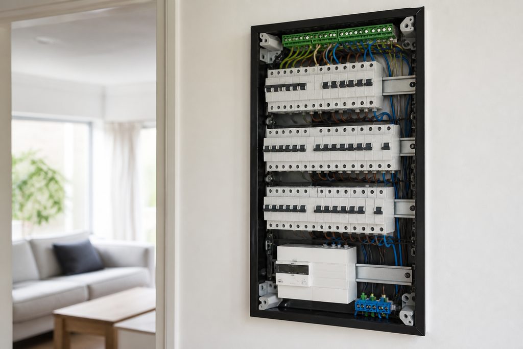 New consumer unit with three rows of breakers on a white wall