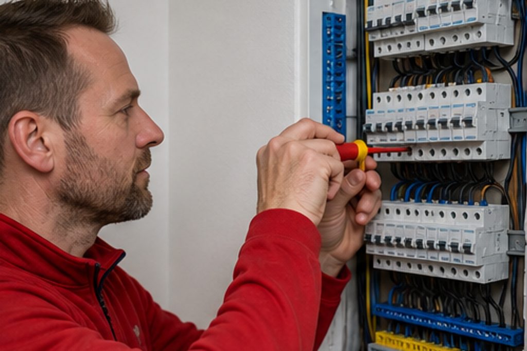Electrician in a red jumper testing a breaker in the consumer unit with a screwdriver