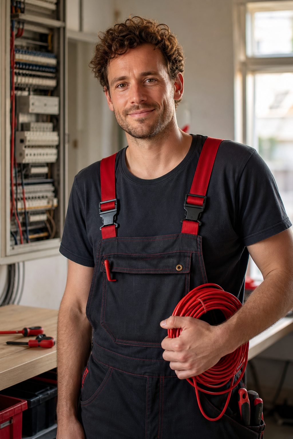 Daan Koster holding a coil of red cable in the workshop