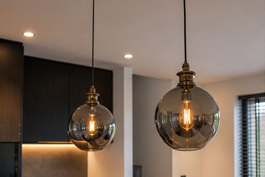 Two smoked-glass pendants with filament bulbs above the kitchen island