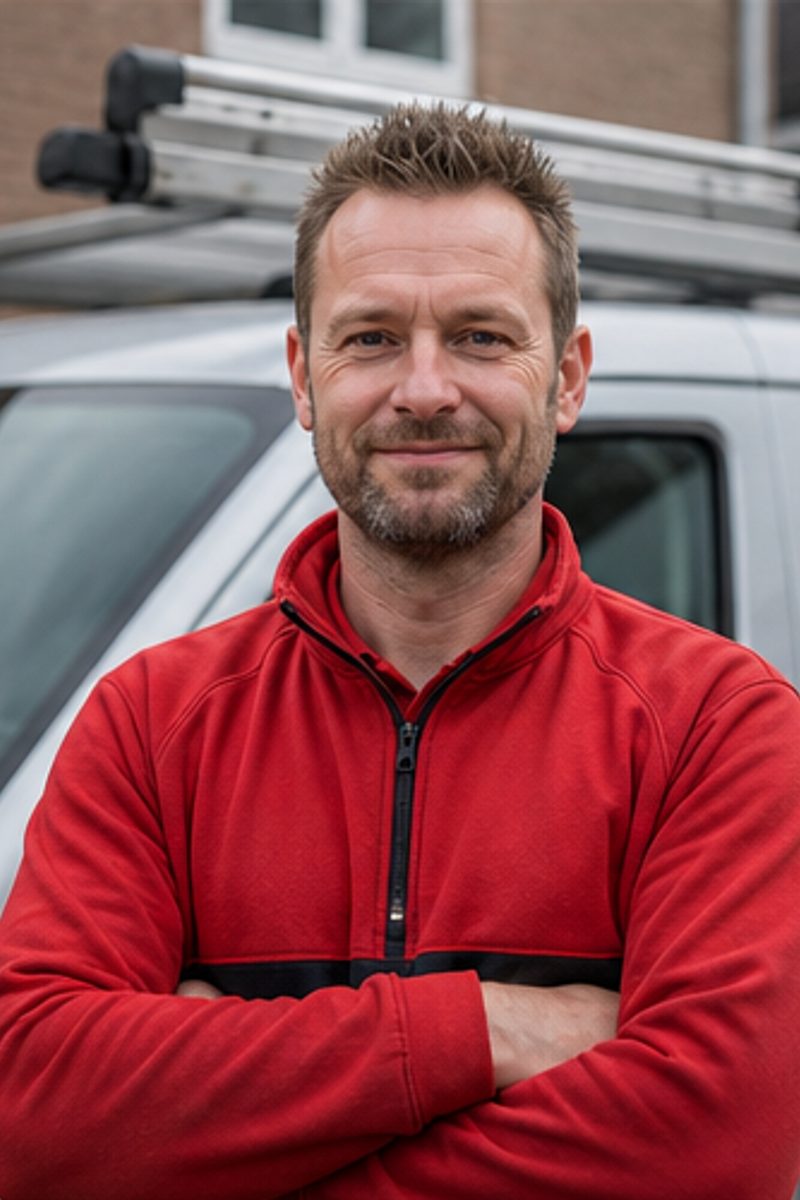Bas Willemsen with folded arms in front of the company van
