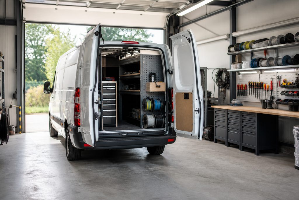 White company van with open rear doors and a fitted-out load area in the workshop