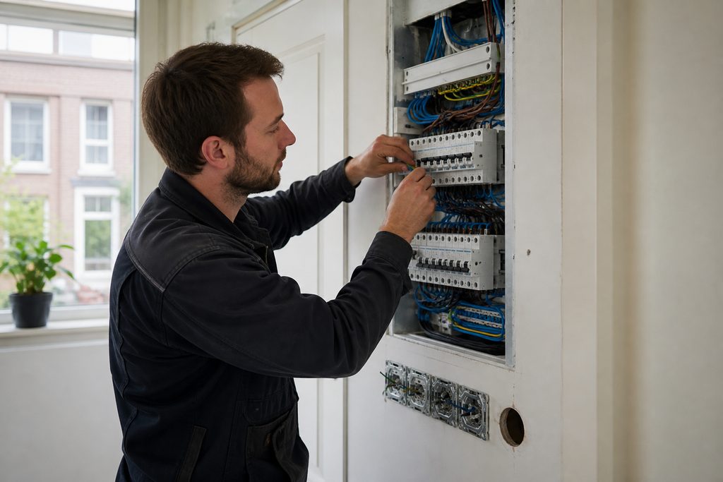 Electrician connecting breakers in a meter cupboard