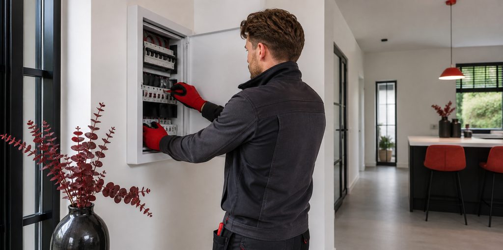 Electrician with red gloves working in a consumer unit in a modern hallway