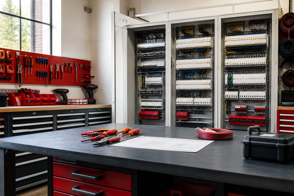 The Stroomrecht workshop with a tool wall and three distribution boards under construction